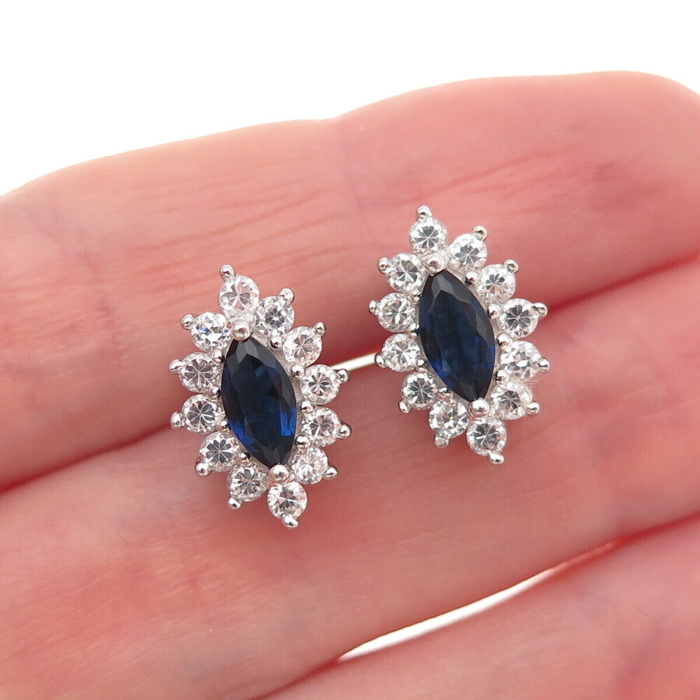 925 Sterling Silver Marquise-Cut Blue & Round-Cut White C Z Stud Earrings